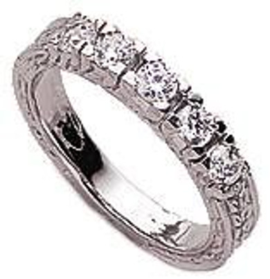 Antique engraved prong set round lab grown diamond look cubic zirconia anniversary band in 14k white gold.
