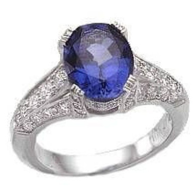 Pacifica lab grown diamond look cubic zirconia and oval man made sapphire ring in 14k white gold.