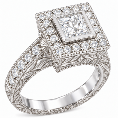 Exectuta bezel set 1 carat princess cut and round laboratory grown diamond alternative cubic zirconia halo solitaire in 14k white gold.