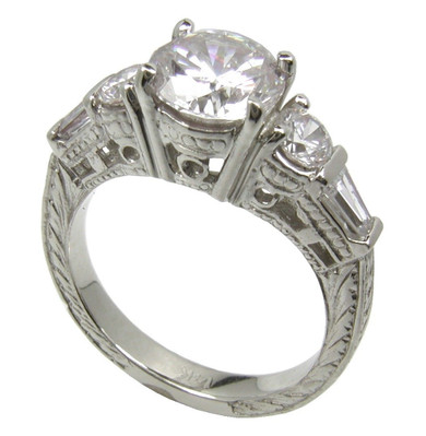 Vintage Glory 1.5 carat round lab created cubic zirconia and baguette engraved antique ring in 14k white gold.
