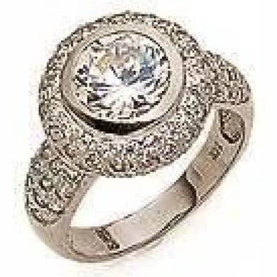 Metcalf 3.5 carat round lab grown diamond alternative cubic zirconia bezel set halo pave encrusted ring in 14k white gold.