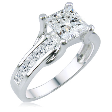 Suspended princess cut square laboratory grown diamond look cubic zirconia 14k white gold solitaire engagement ring.