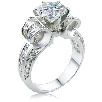 Scroll 2 carat round lab grown diamond look cubic zirconia pave solitaire engagement ring in 14k white gold.