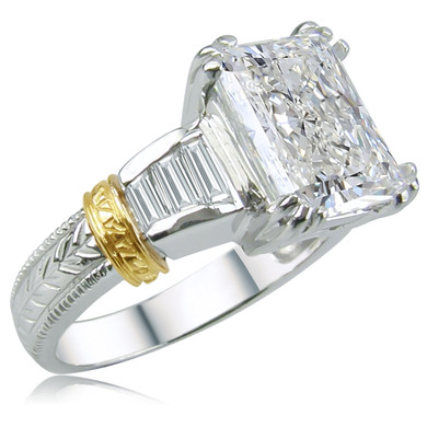Two tone 4 carat emerald radiant cut lab grown diamond simulant cubic zirconia with channel set baguettes.