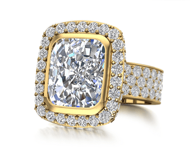 Avellina 7 carat emerald radiant cut halo lab grown diamond simulant cubic zirconia ring in 18k yellow gold.