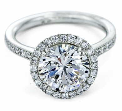 Round 2.5 Carat Micro Pave Halo Engagement Ring with lab grown diamond simulant cubic zirconia in 14k white gold.