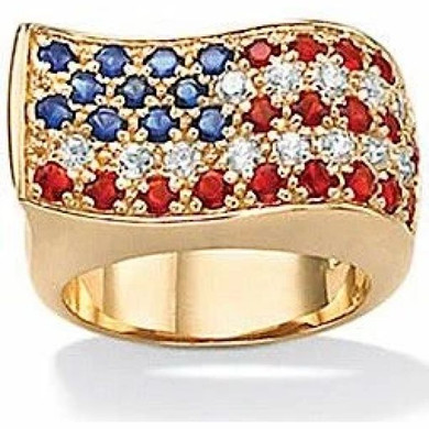 Old Glory American Flag Ring with man made ruby and sapphire and lab created cubic zirconia in 14k yellow gold.