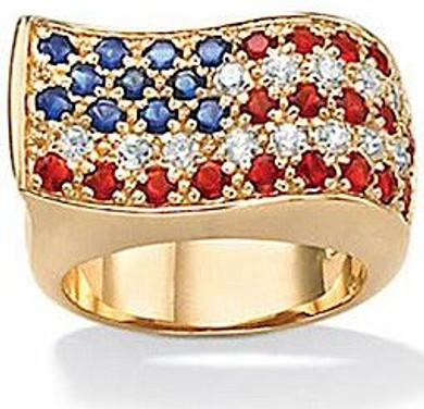 Old Glory American Flag Ring with man made ruby and sapphire and lab created cubic zirconia in 14k yellow gold.