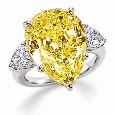 Perrazza 9 carat pear lab created canary diamond look cubic zirconia engagement ring with pear side stones in 14k white gold.