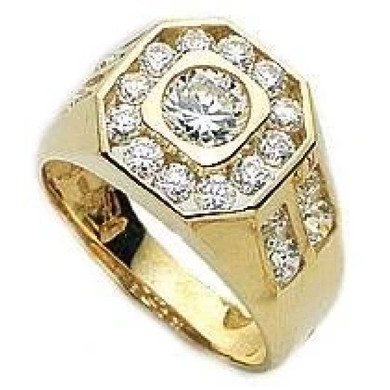 Aidon Bezel and Channel Set Solitaire Mens Ring with lab grown diamond look cubic zirconia in 14k yellow gold.