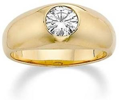 Gypsy Dome 3 Carat Bezel Set Round Mens Ring with lab grown diamond look cubic zirconia in 14k yellow gold.