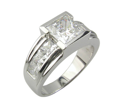 Semi Bezel Princess Cut Channel Set Mens Ring with simulated laboratory grown diamond quality cubic zirconia in 14k white gold.