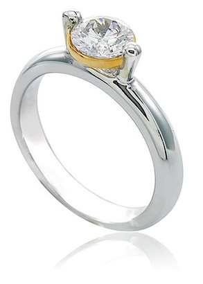 Floating Bezel Set 1 Carat Round Solitaire with lab grown diamond alternative cubic zirconia in 14k two tone gold.