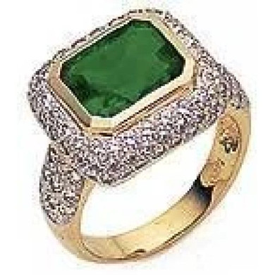 Emine 4 carat horizontal emerald cut bezel ring with a halo of pave round lab grown diamond simulant cubic zirconia in 14k yellow gold.
