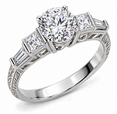 Round 1.5 carat lab created diamond look alternative cubic zirconia princess cut square baguette antique estate ring in 14k white gold.