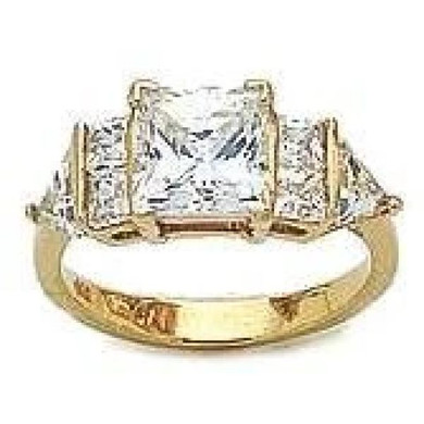 Savannah 1.5 carat princess cut square lab grown diamond alternative cubic zirconia trillion engagement ring in 14k yellow gold.