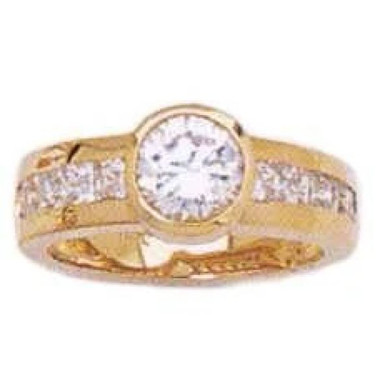 Layla 2 carat round bezel set lab grown diamond alternative cubic zirconia engagement ring in 14k yellow gold.