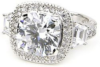 Lenova cushion cut lab created cubic zirconia halo ring with trapezoids set in platinum.