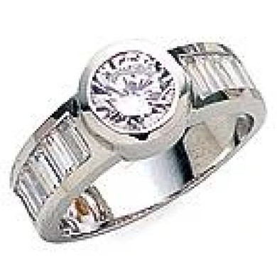 Lola 1 carat round bezel set lab grown diamond alternative cubic zirconia engagement ring with channel rounds in 14k white gold.