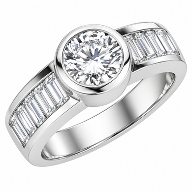 Lola 1 carat round bezel set lab grown diamond look alternative cubic zirconia engagement ring with channel rounds in 14k white gold.