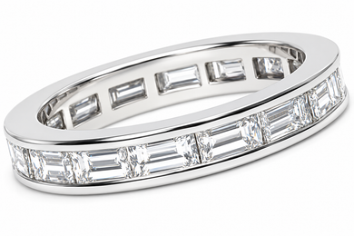 Horizontal channel set lab grown diamond look quality cubic zirconia straight baguette eternity band in 14k white gold.