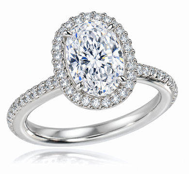 Hamilton 2.5 Carat Oval Laboratory Grown Diamond Simulant Cubic Zirconia Micro Pave Set Round Halo Eternity Engagement Ring in 14k or 18k white gold, or platinum.
