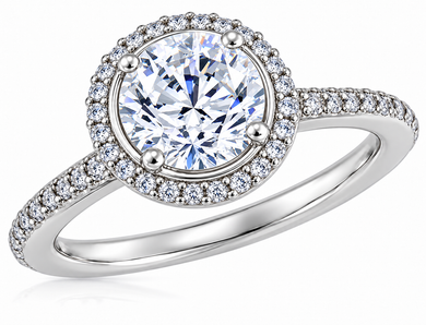 Hamilton 2 Carat Round Lab Grown Diamond look alternative Cubic Zirconia Micro Pave Set Halo Eternity Engagement Ring in 14k white gold, 18k white gold or platinum.