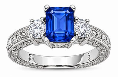 Emro 1.5 carat emerald cut man made sapphire and lab grown diamond alternative cubic zirconia three stone antique estate ring in 14k white gold.