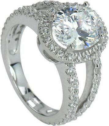 Carlton Oval 2.5 carat laboratory grown diamond alternative cubic zirconia pave set halo split shank engagement ring in 14k white gold.