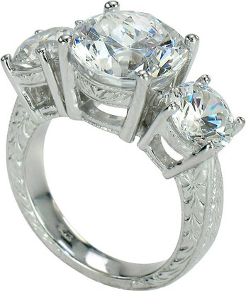 Sutton 4 carat round three stone lab grown diamond alternative cubic zirconia ring in 14k white gold.