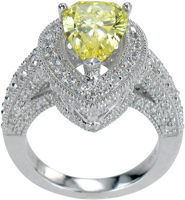 Saxony 3 carat canary pear lab grown diamond alternative cubic zirconia halo cathedral engagement ring in 14k white gold.