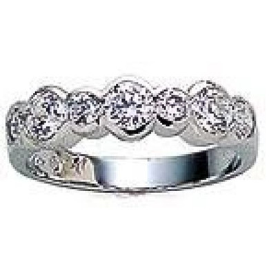 Bezel set round lab grown diamond look cubic zirconia anniversary band in 14k white gold.
