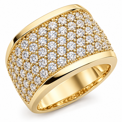 Wide Pave Set Round Squared Band with lab grown diamond simulant cubic zirconia in 14k yellow gold.