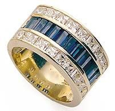 Baguette and Princess Cut Channel Set Band with lab grown diamond quality cubic zirconia in 14k yellow gold.