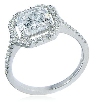 LaRue 1.5 carat asscher lab created diamond look cubic zirconia pave set round halo solitaire engagement ring in 14k white gold.