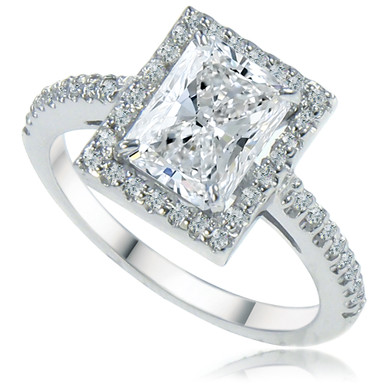 Bagwell 1.5 carat radiant emerald cut lab grown diamond alternative cubic zirconia micro pave halo engagement ring in 14k white gold.