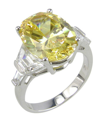 Tempio 5.5 carat oval canary lab created cubic zirconia trapezoid baguette engagement ring in 14k white gold.