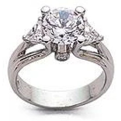 Futuristic Brilliance 2 carat round laboratory grown diamond alternative cubic zirconia trillion engagement ring in 14k white gold.