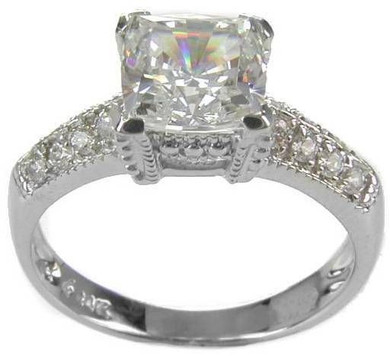 Charente 1.5 carat cushion cut lab grown diamond alternative cubic zirconia pave estate style antique engagement ring in 14k white gold.