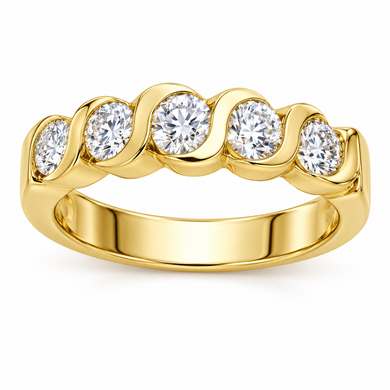 S style round lab grown diamond simulant cubic zirconia anniversary band or wedding ring in 14k yellow gold.