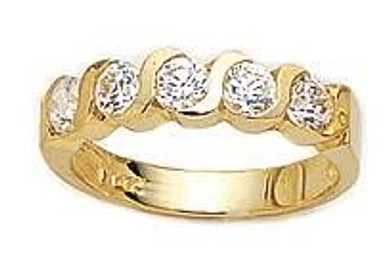 S style round lab created cubic zirconia diamond quality anniversary band or wedding ring in 14k yellow gold.