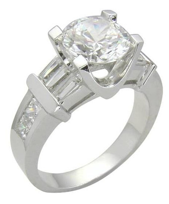 Gavra 2 carat round cubic zirconia channel set princess cut baguette engagement ring in 14k white gold.