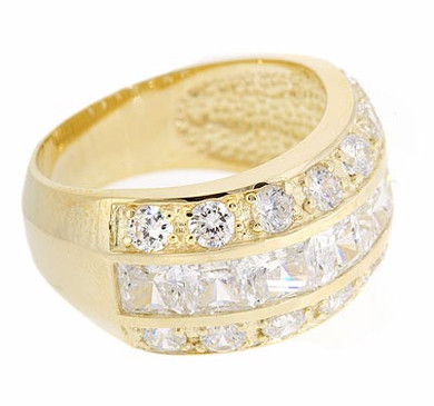 Channel set princess cut and pave set round lab grown diamond look cubic zirconia band in 14k yellow gold.