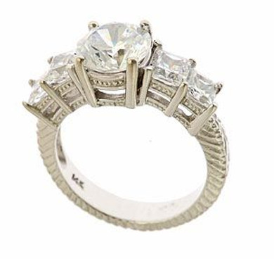 Corsica 1.5 carat round lab grown diamond simulant cubic zirconia and princess cut engraved antique estate ring in 14k white gold.