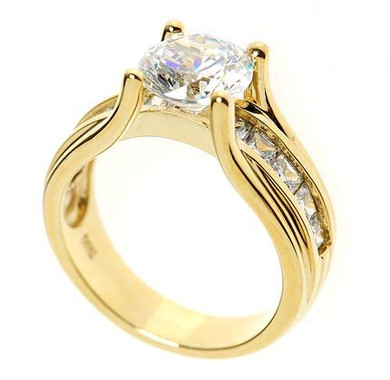 Round 2 Carat Channel Set Princess Cut Solitaire with lab grown diamond look cubic zirconia in 14k yellow gold.