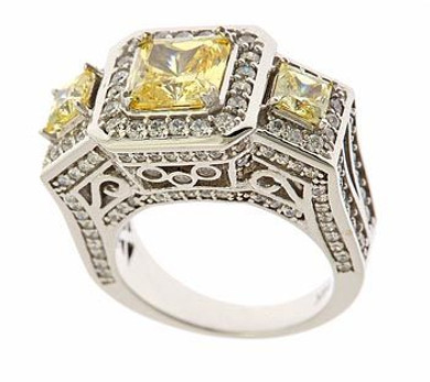 Monte Carlo 1.5 carat princess cut three stone ring estate antique style scroll lab grown diamond simulant cubic zirconia ring in 14k white gold.