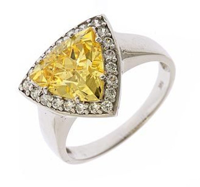 Avida 3.5 carat lab grown diamond alternative cubic zirconia trillion pave halo solitaire engagement ring in 14k white gold.