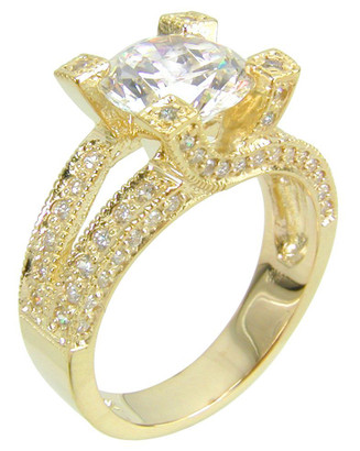 Round 2 Carat Bypass Prong Pave Solitaire with lab grown diamond look cubic zirconia in 14k yellow gold.