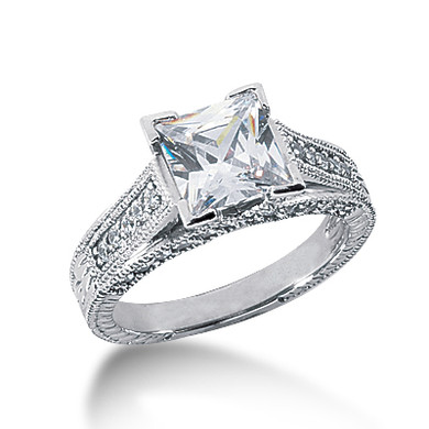 Clarisse 1.5 carat princess cut lab grown diamond quality cubic zirconia engraved cathedral pave solitaire in 14k white gold.