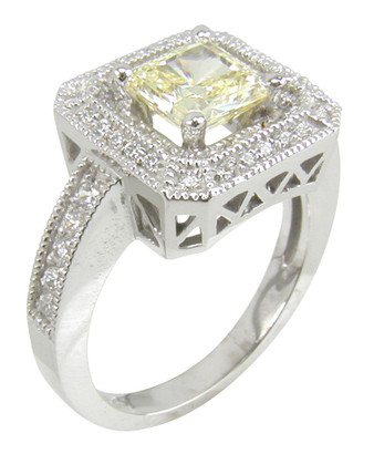 1 carat princess cut canary lab grown diamond quality cubic zirconia pave round halo solitaire engagement ring in 14k white gold.